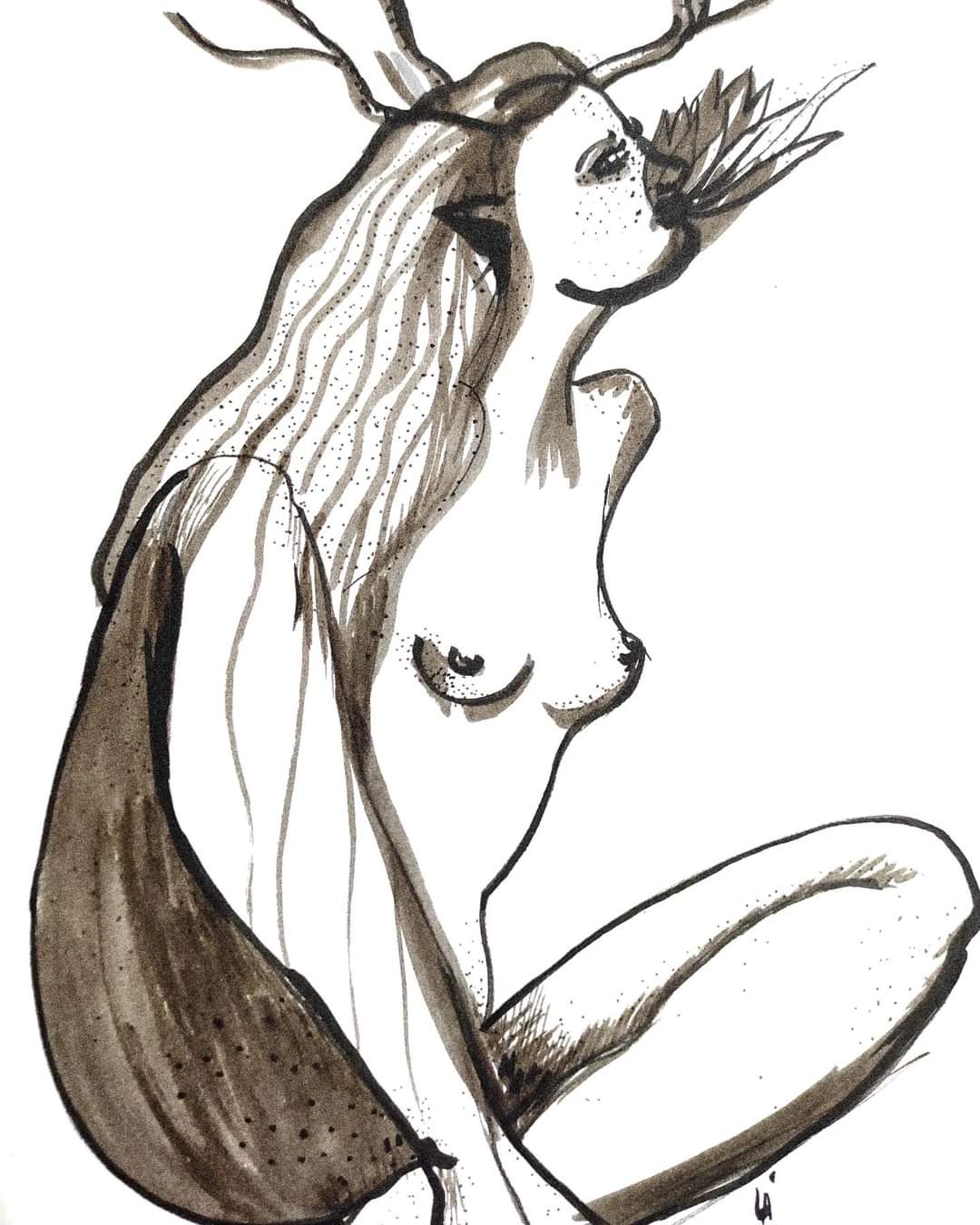 A monochrome seated female figure with antlers, long hair and leaves emerging from her mouth.